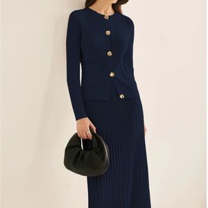 Stylish Navy Knit Cardigan and Skirt Set